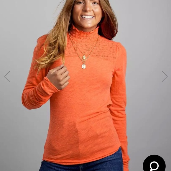 WE THE FREE Free People Caroline Mock Neck LS Smocked Top Orange Flame Large - Picture 5 of 13